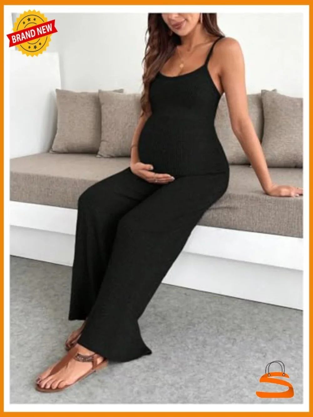 Spaghetti Strap Rib Knit Maternity Jumpsuit Wide Leg Overalls Romper